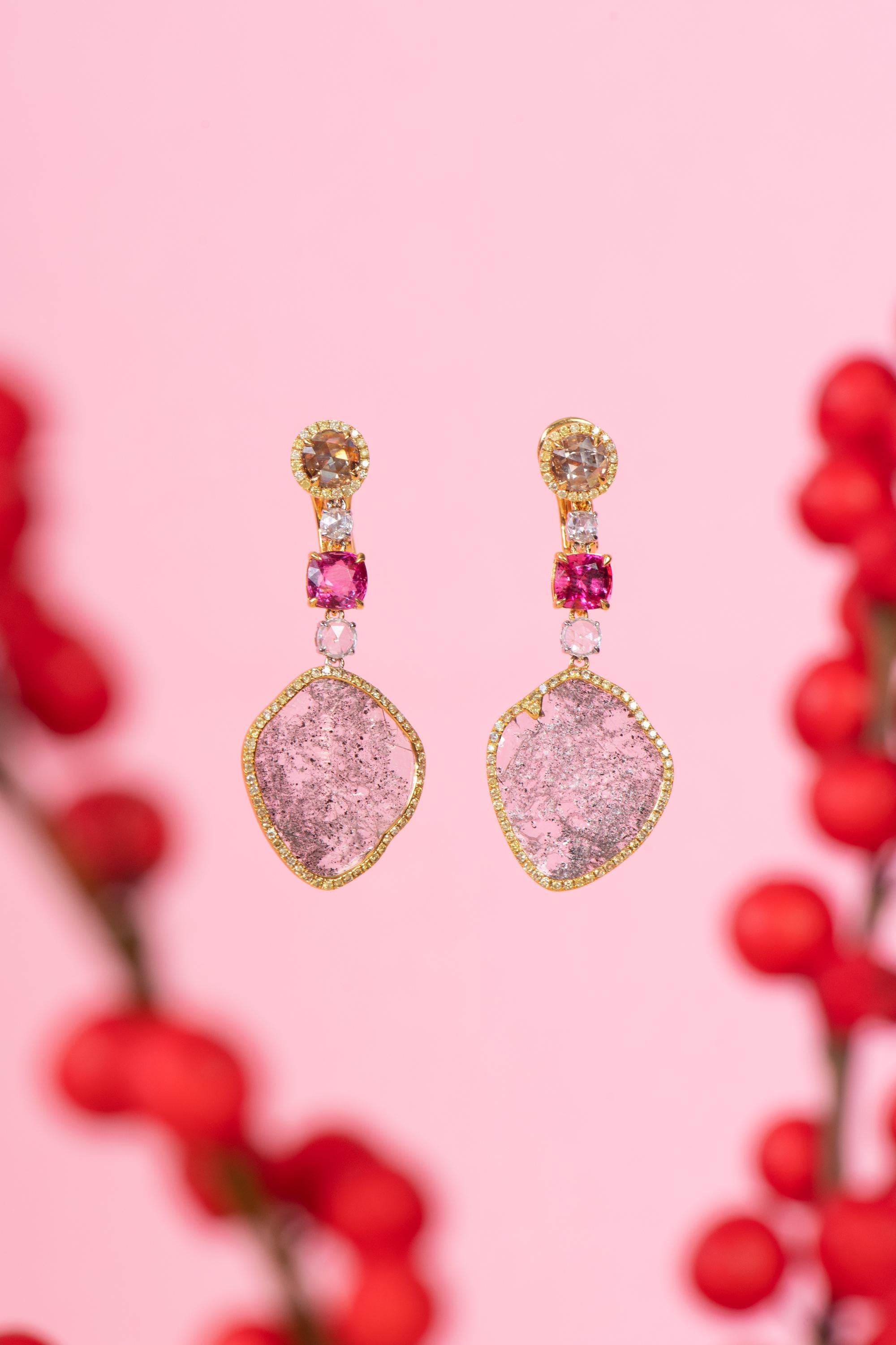 Manpriya B Slice, Rose Cut, Colored Diamonds, Spinel White Gold Drop Earrings In New Condition For Sale In London, GB