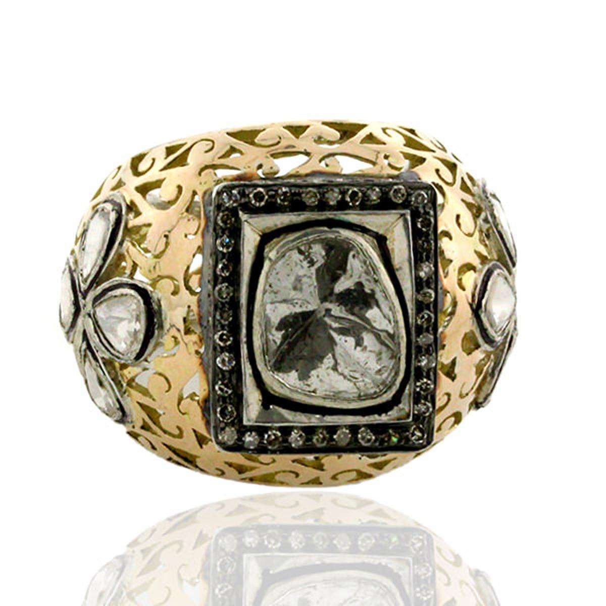 Slice & Rosecut Diamanten Cocktail Ring mit filigranem Design aus Gold und Silber (Art nouveau) im Angebot