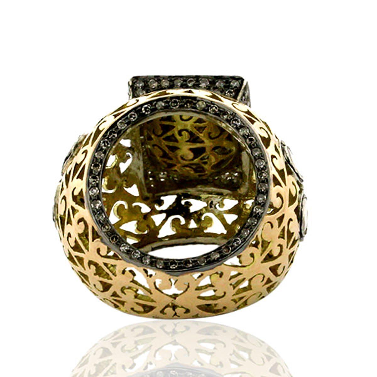 Mixed Cut Slice & Rosecut Diamonds Cocktail Ring w/ Filigree Design Made In Gold & Silver For Sale
