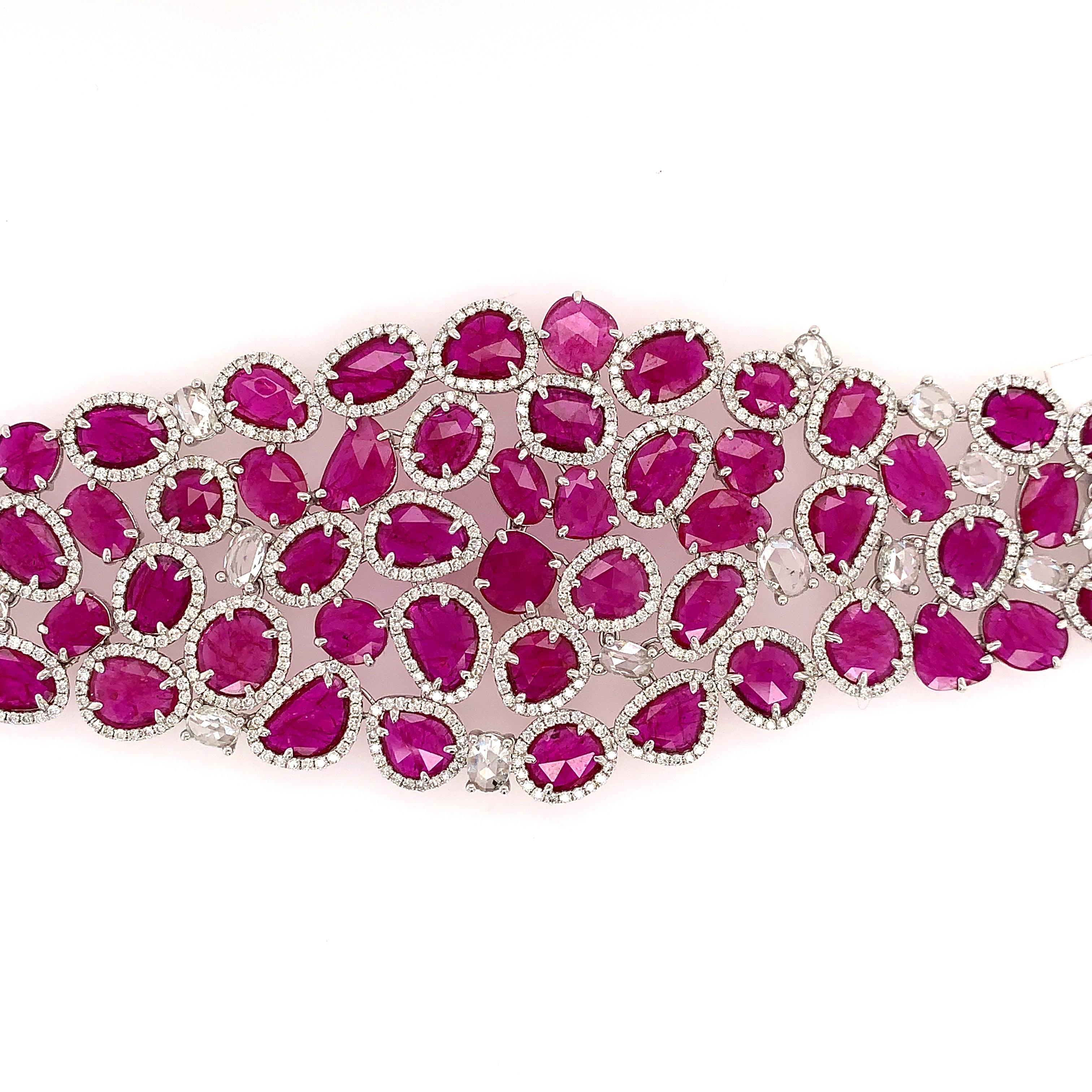 Contemporary RUCHI Ruby Slice and Diamond White Gold Wide Bracelet For Sale