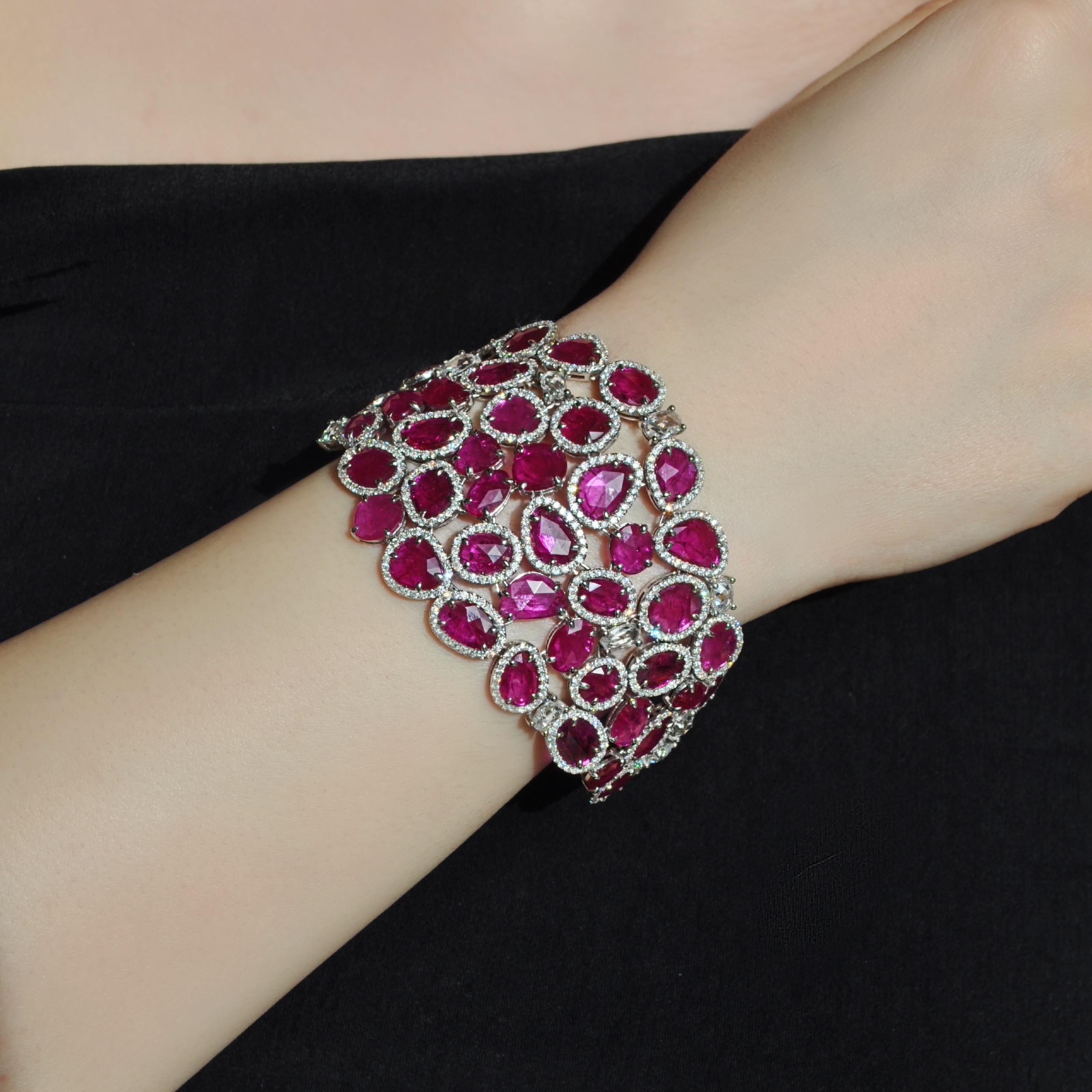 Oval Cut RUCHI Ruby Slice and Diamond White Gold Wide Bracelet For Sale