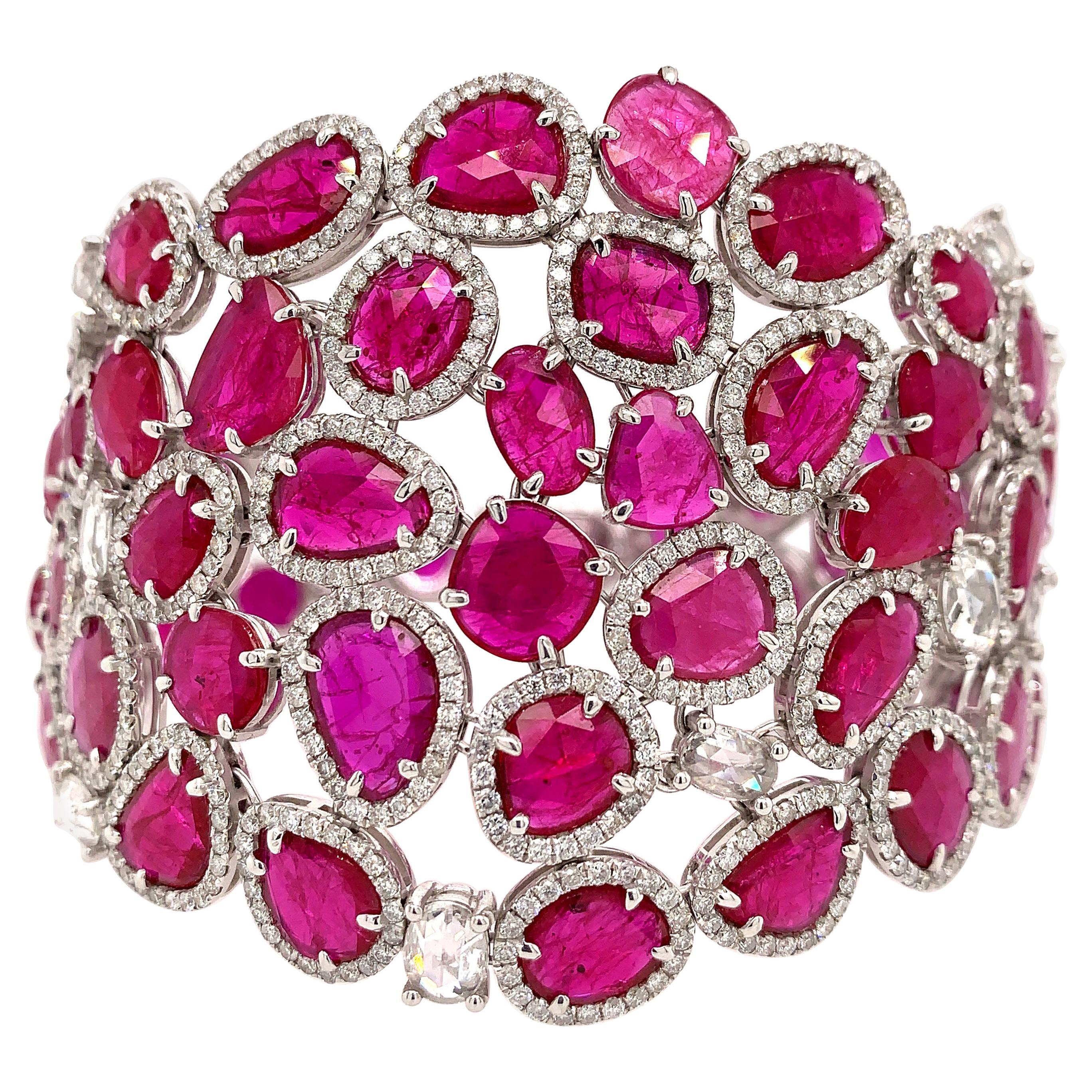 RUCHI Ruby Slice and Diamond White Gold Wide Bracelet For Sale
