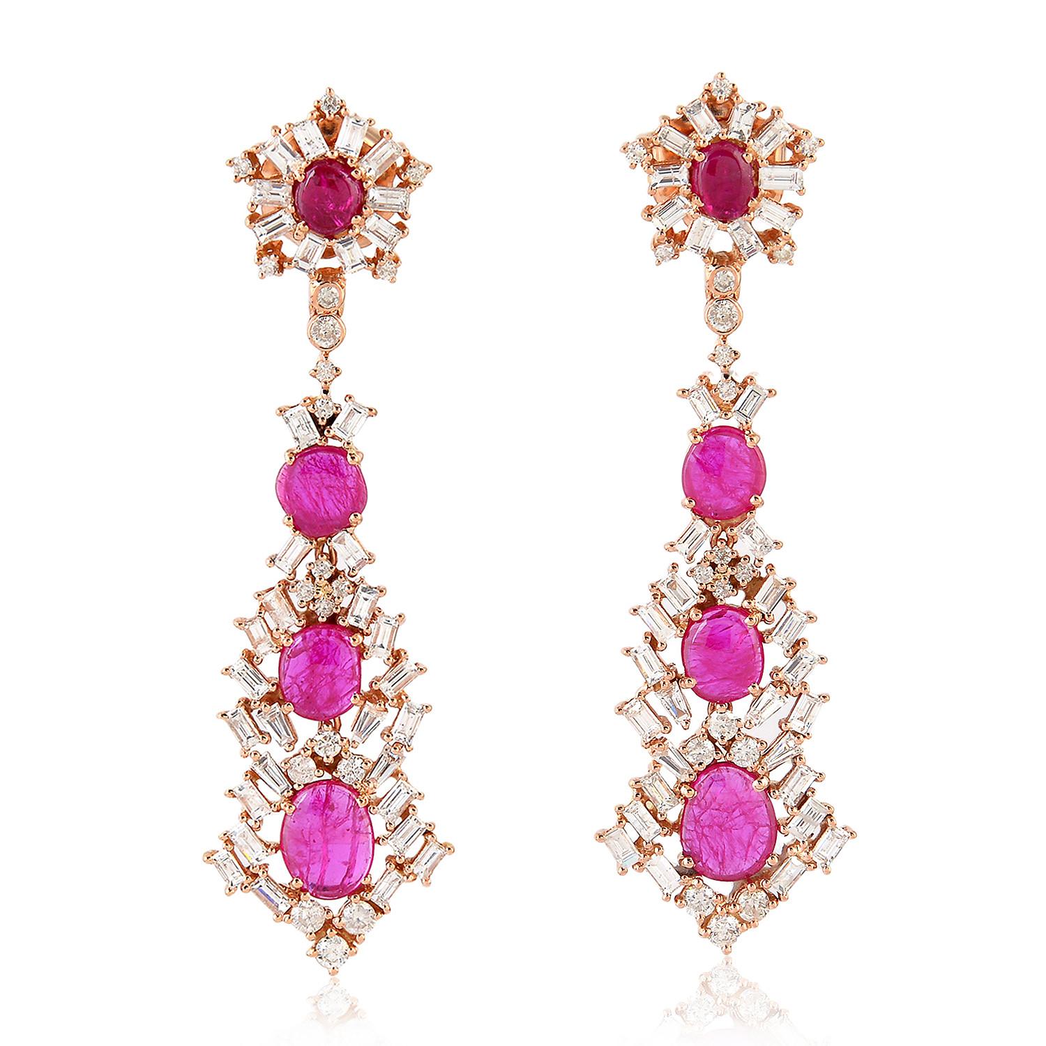 Baguette Cut Sliced Ruby and Diamond Designer Earring in 18 Karat Rose Gold