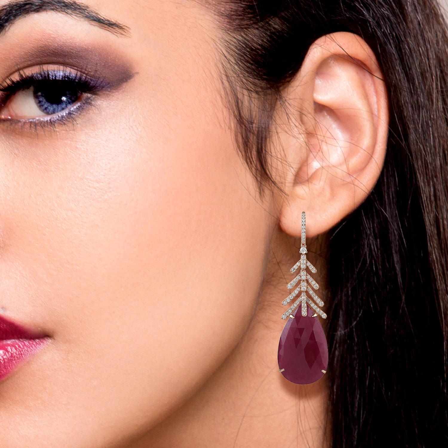 Modern Slice Ruby Earring with Leaf Designs Set in 18k Gold with Diamonds For Sale