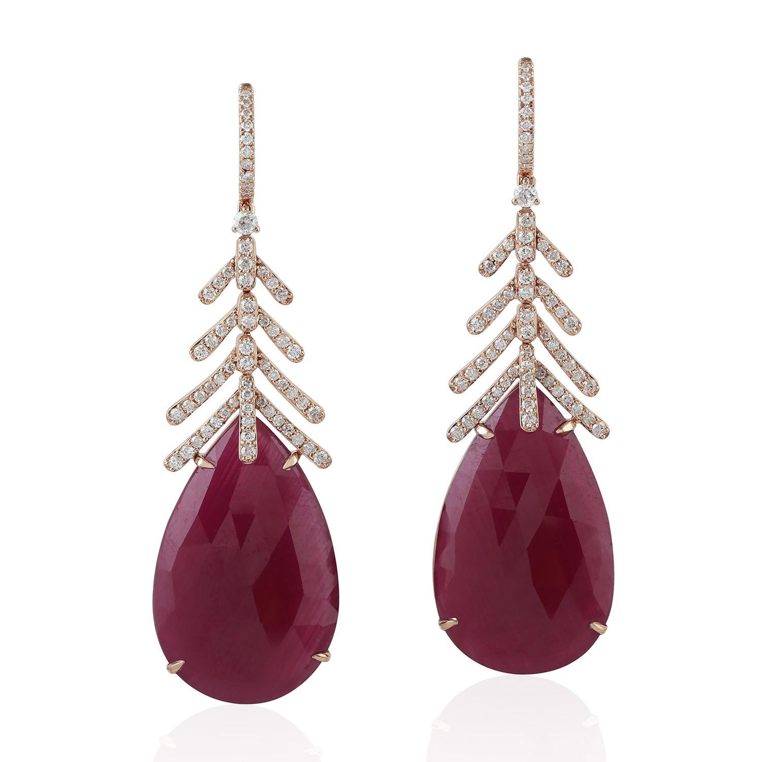 Pear Cut Slice Ruby Earring with Leaf Designs Set in 18k Gold with Diamonds For Sale