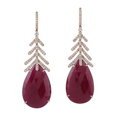 Slice Ruby Earring with Leaf Designs Set in 18k Gold with Diamonds
