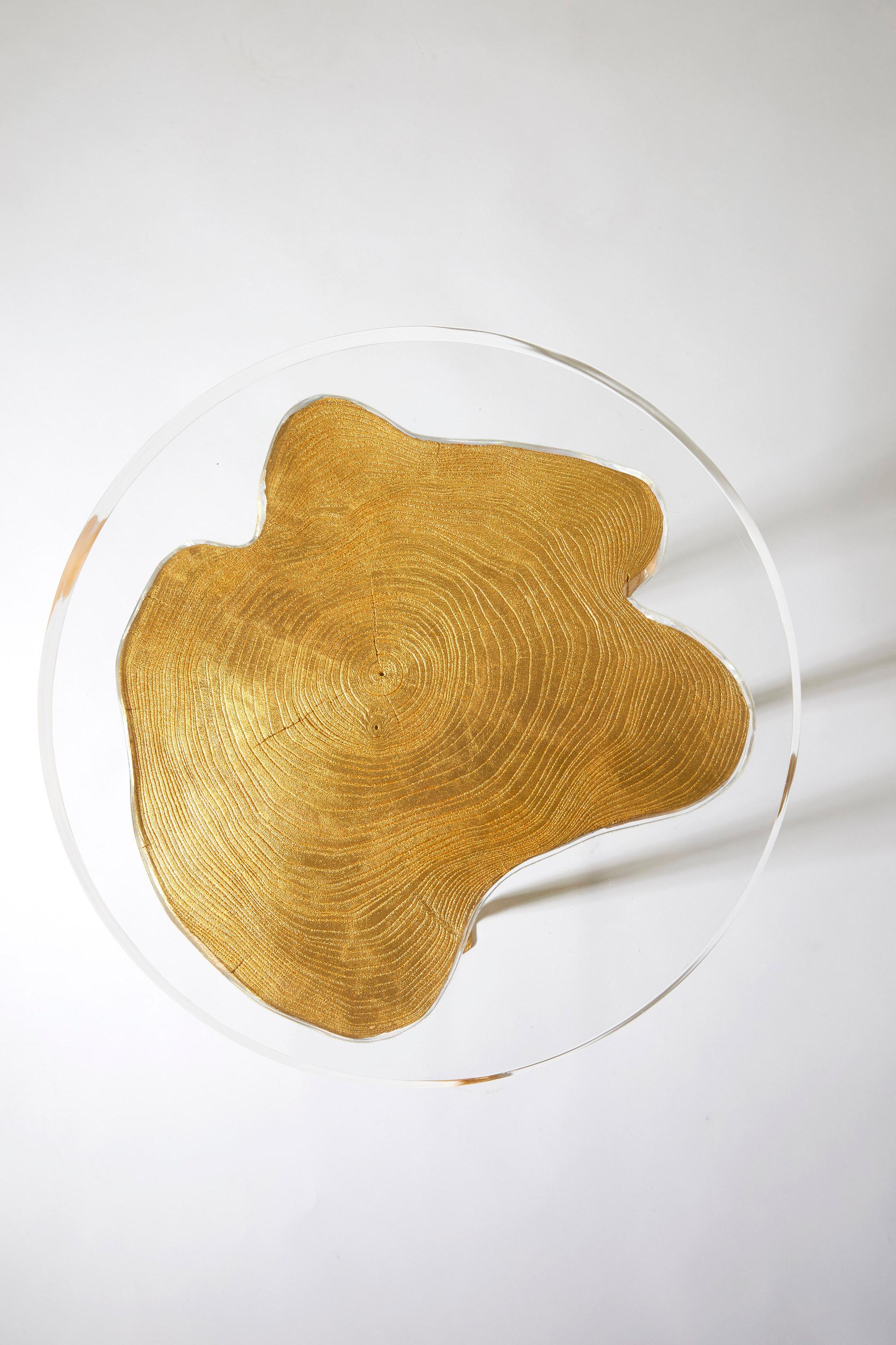 French Slice Side Table. Acrylic. Wrought Iron. Golden leaves. Wood. Mattia Bonetti For Sale