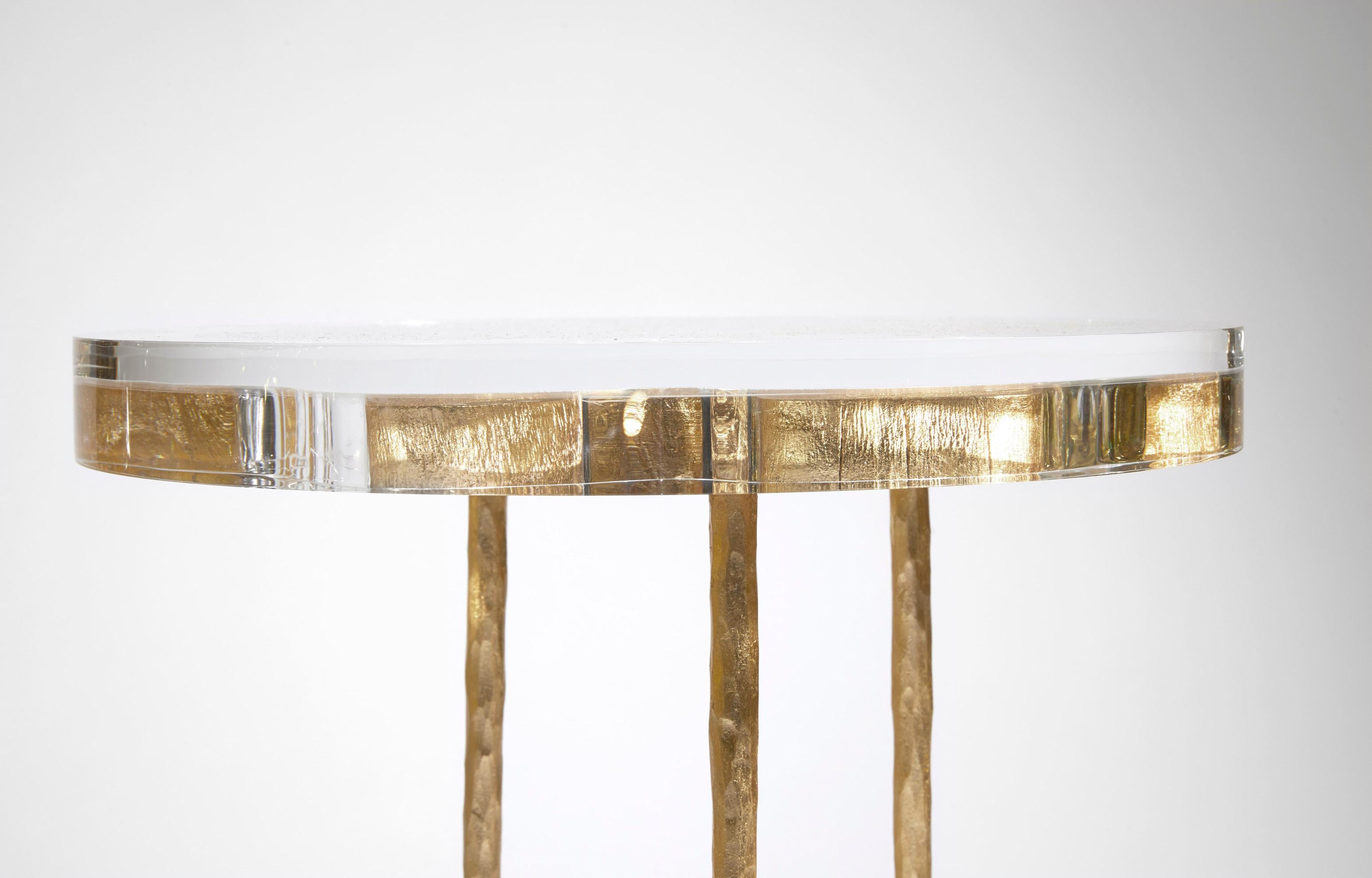 Gilt Slice Side Table. Acrylic. Wrought Iron. Golden leaves. Wood. Mattia Bonetti For Sale