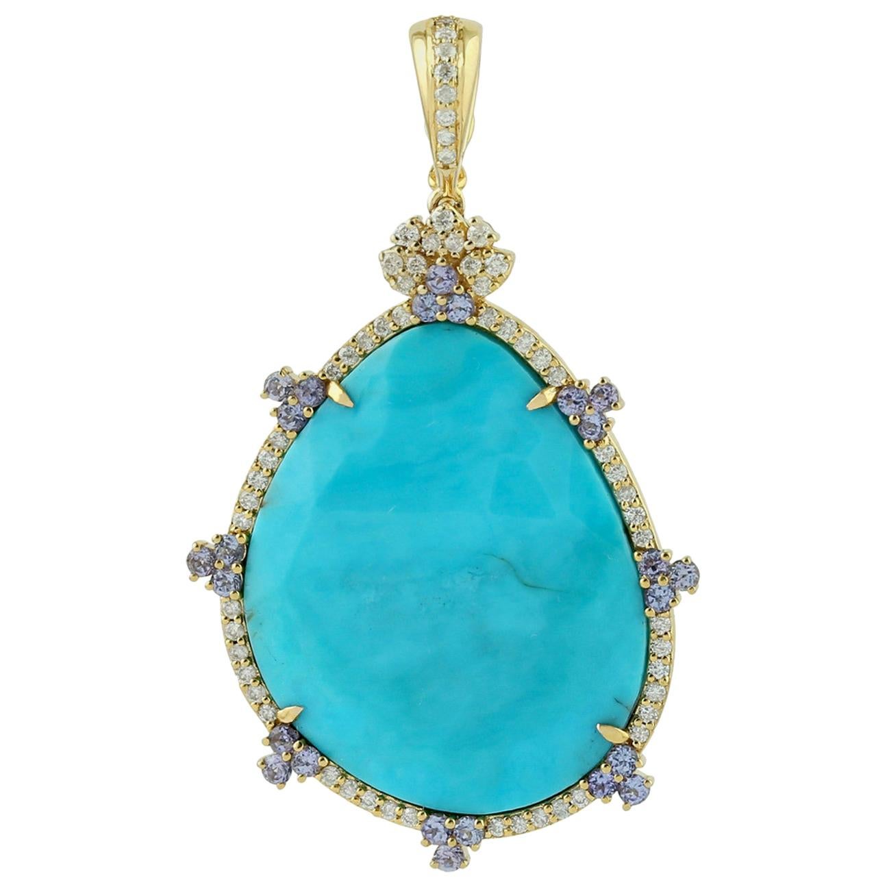Slice Turquoise Pendant with Diamonds and Tanzanite in 18 Karat Gold