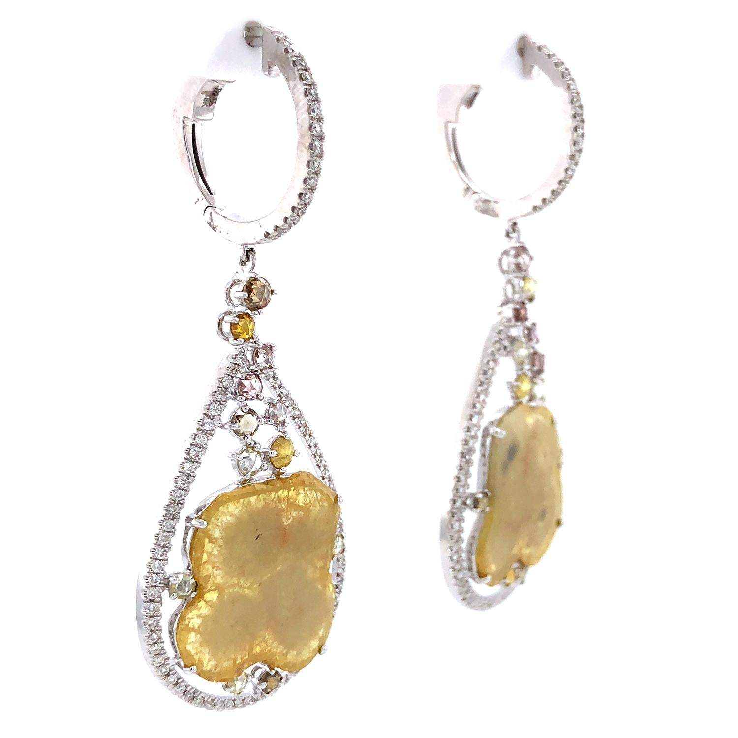 Mixed Cut 18k Gold Sliced Yellow Diamond Earring Caged In Pear Shaped Pave Diamond Setting For Sale