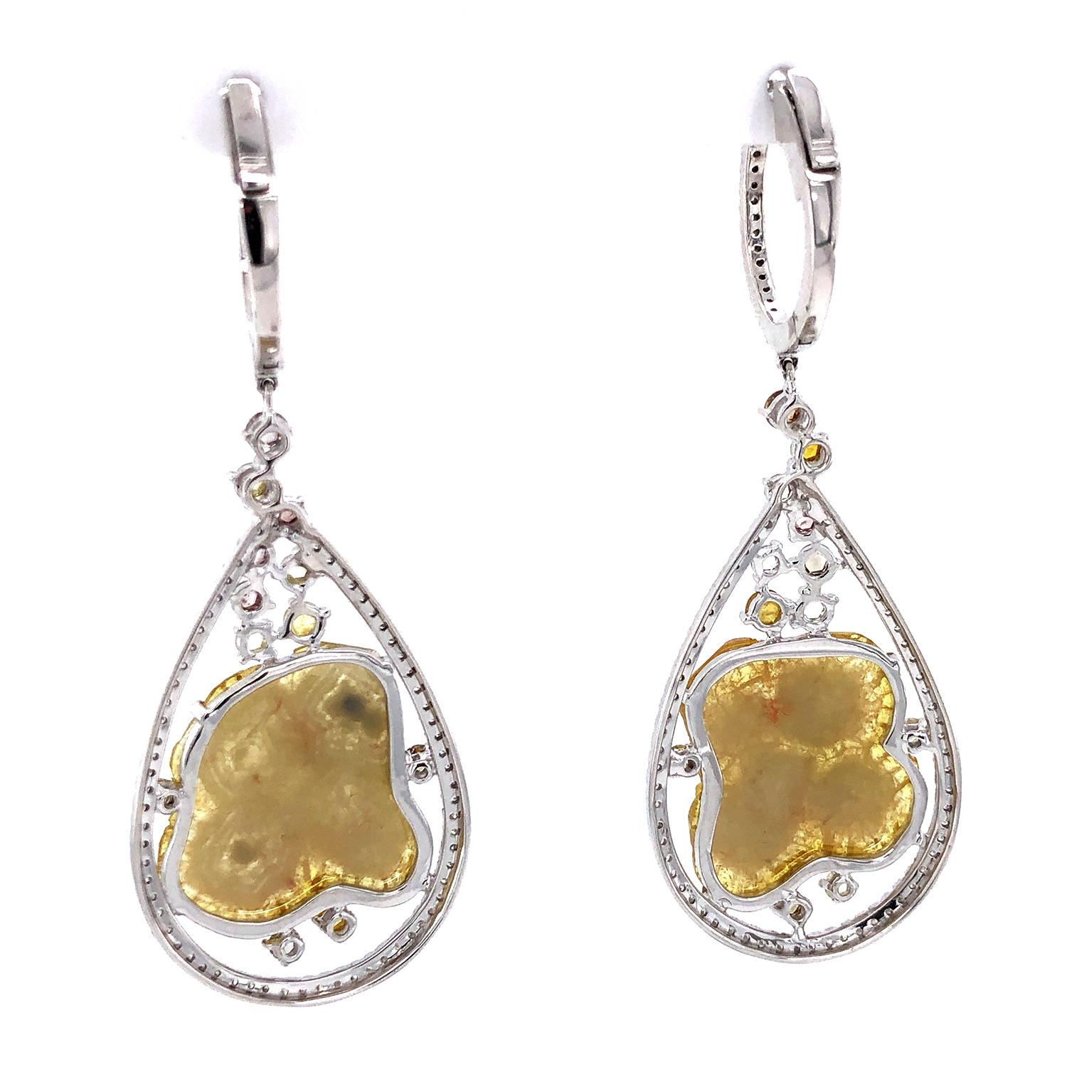 18k Gold Sliced Yellow Diamond Earring Caged In Pear Shaped Pave Diamond Setting In New Condition For Sale In New York, NY