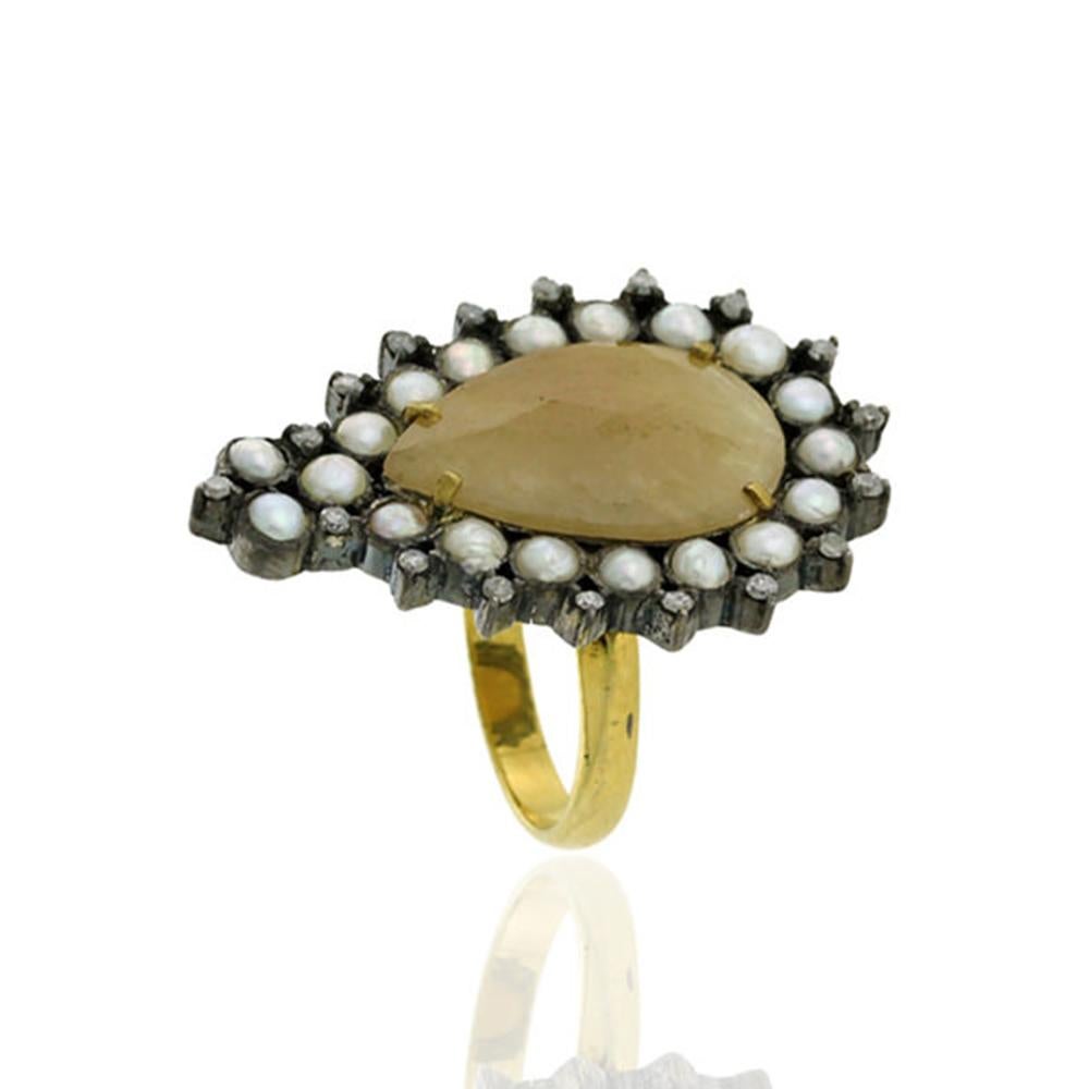 Artisan Slice Yellow Sapphire Ring Set in Gold and Silver with Diamonds and Pearls For Sale