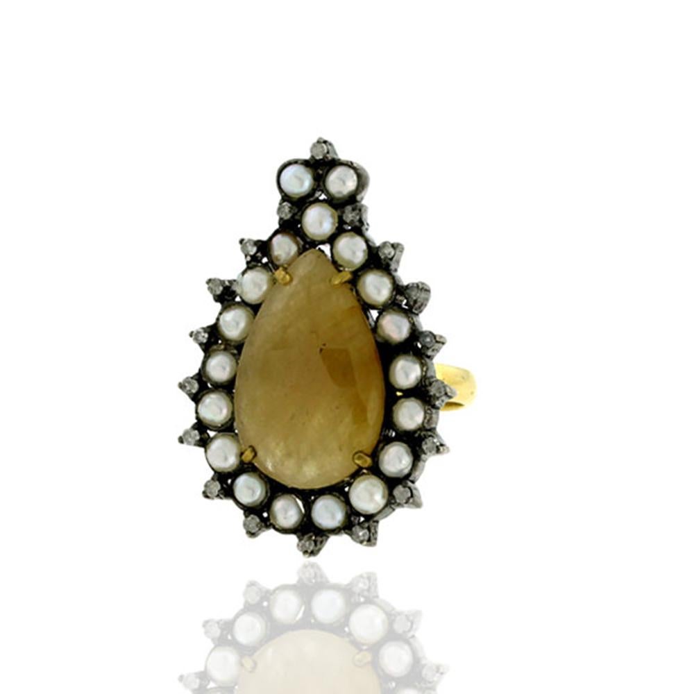 Mixed Cut Slice Yellow Sapphire Ring Set in Gold and Silver with Diamonds and Pearls For Sale