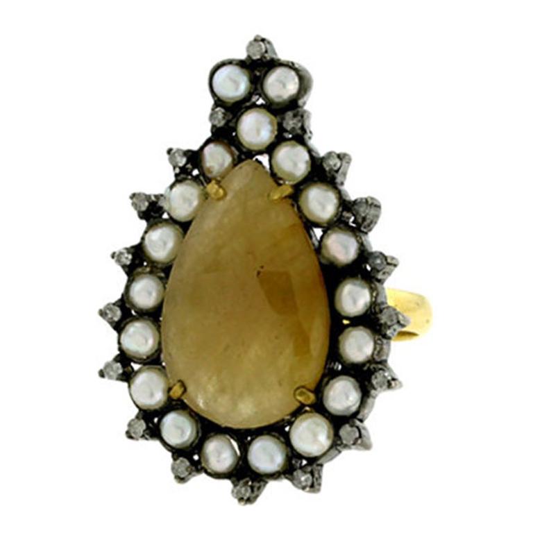 Slice Yellow Sapphire Ring Set in Gold and Silver with Diamonds and Pearls