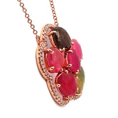 Sliced 10.8 Carat Multi Sapphire and Diamonds 14 Karat Gold Flower Necklace