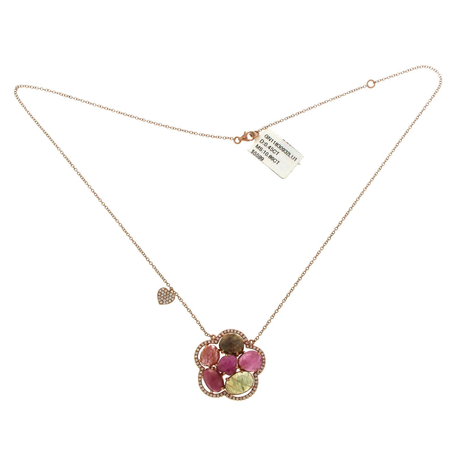 Women's Sliced 10.8 Carat Multi Sapphire and Diamonds 14 Karat Gold Flower Necklace For Sale