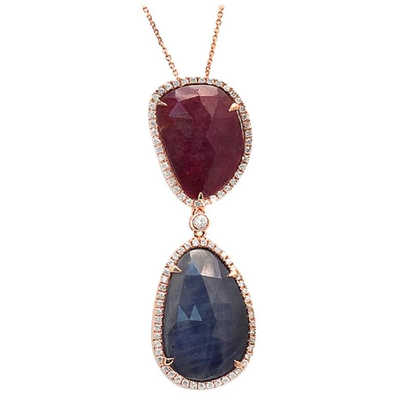 Sliced 14.97 Ct Blue Sapphire & Ruby 0.48 Ct Diamonds 14k Rose Gold Necklace