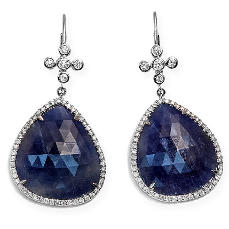 Sliced 24 Carat Blue Sapphire 0.84 Carat Diamonds 14 Karat Gold Earrings In Excellent Condition For Sale In Los Angeles, CA