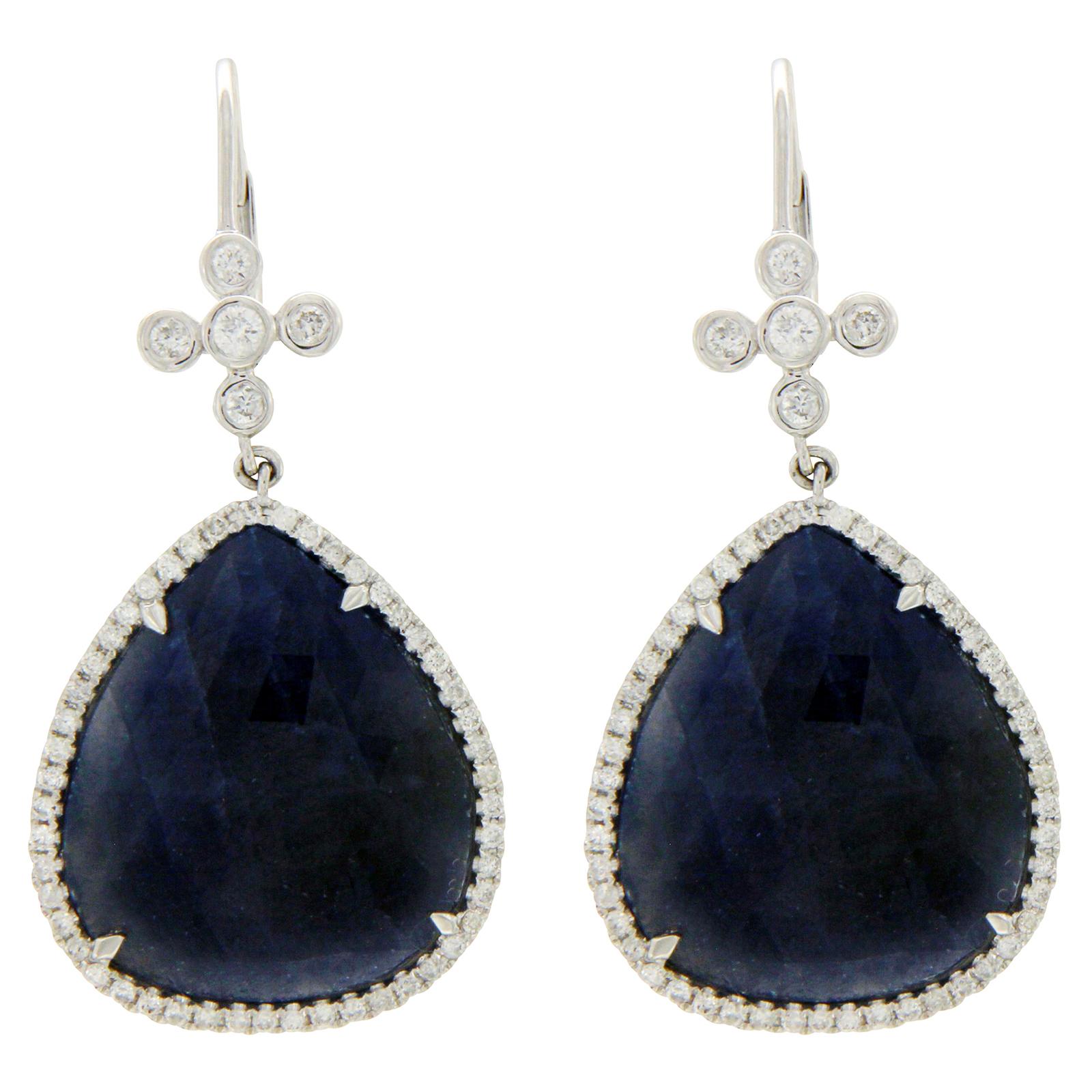 Sliced 24 Carat Blue Sapphire 0.84 Carat Diamonds 14 Karat Gold Earrings For Sale