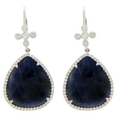 Sliced 24 Carat Blue Sapphire 0.84 Carat Diamonds 14 Karat Gold Earrings