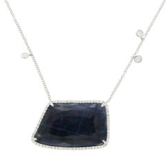 Sliced 26 Carat Blue Sapphire 0.58 Carat Diamonds 14 Karat White Gold Necklace
