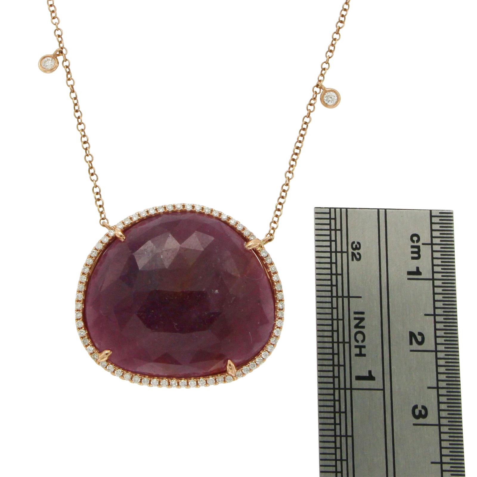 Sliced 30.14 Carat Ruby 0.35 Carat Diamonds 14 Karat Rose Gold Necklace For Sale 2