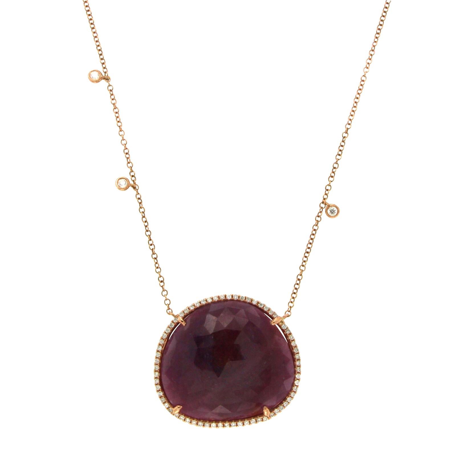 Sliced 30.14 Carat Ruby 0.35 Carat Diamonds 14 Karat Rose Gold Necklace For Sale