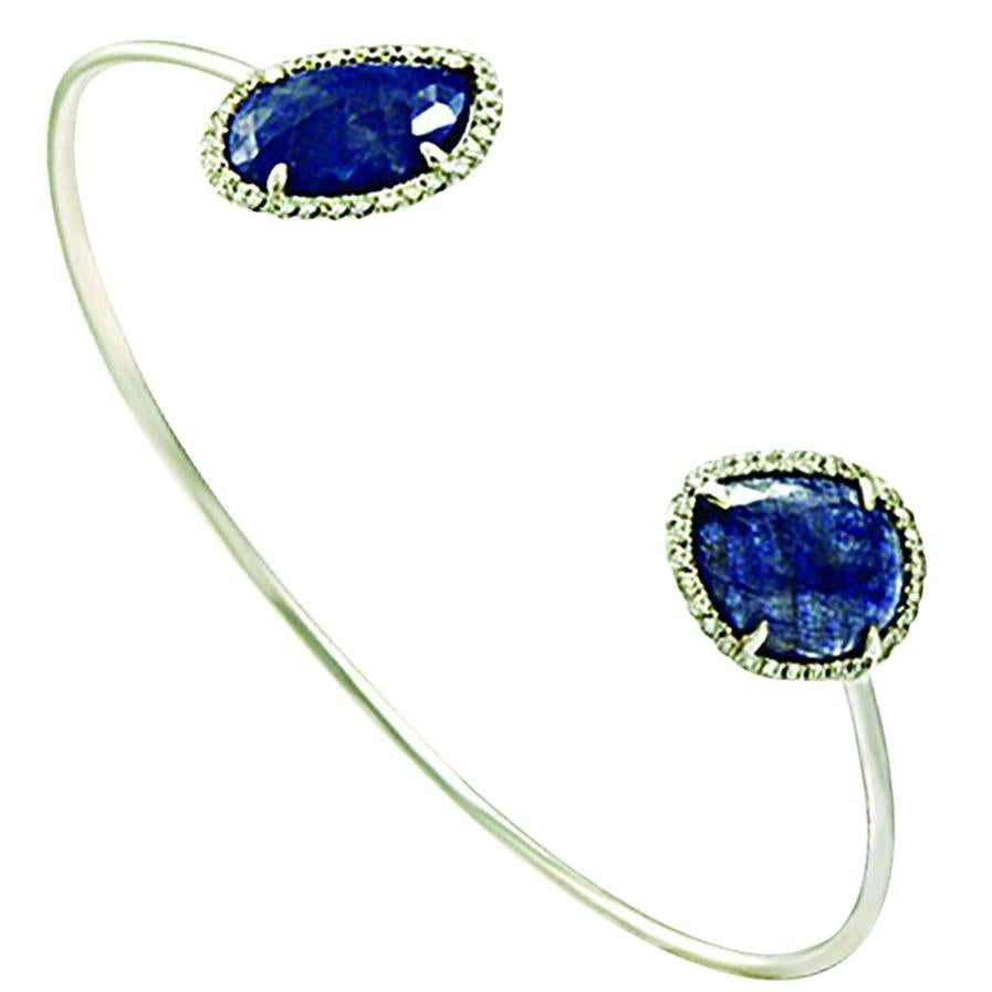 Sliced 5.78 Ct Natural Blue Sapphire 0.35 Ct Diamonds 14k White Gold Bracelet For Sale