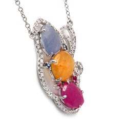 Sliced 6 Ct Multi Sapphire 0.59 Ct Diamonds 14k Gold Butterfly Heart Necklace