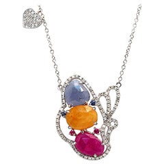 Sliced 6 Ct Multi Sapphire 0.59 Ct Diamonds 14k Gold Butterfly Heart Necklace