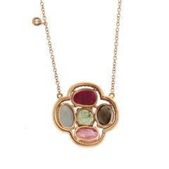 Sliced 6.65 Ct Multi Sapphire 0.31 Ct Diamonds 14k Gold Flower Necklace