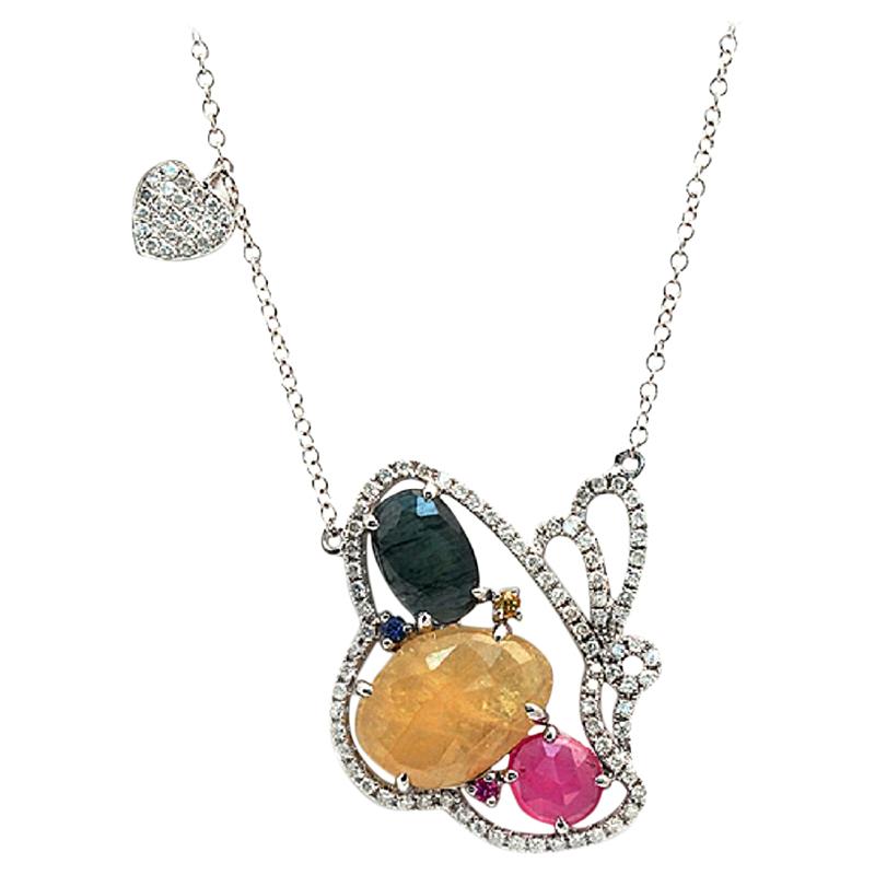 Sliced 6.76 Ct Multi Sapphire 0.59 Ct Diamond 14k Gold Butterfly Heart Necklace