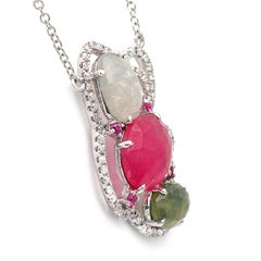 Sliced 6.91 Ct Multi Sapphire 0.56 Ct Diamond 14k Gold Butterfly Heart Necklace