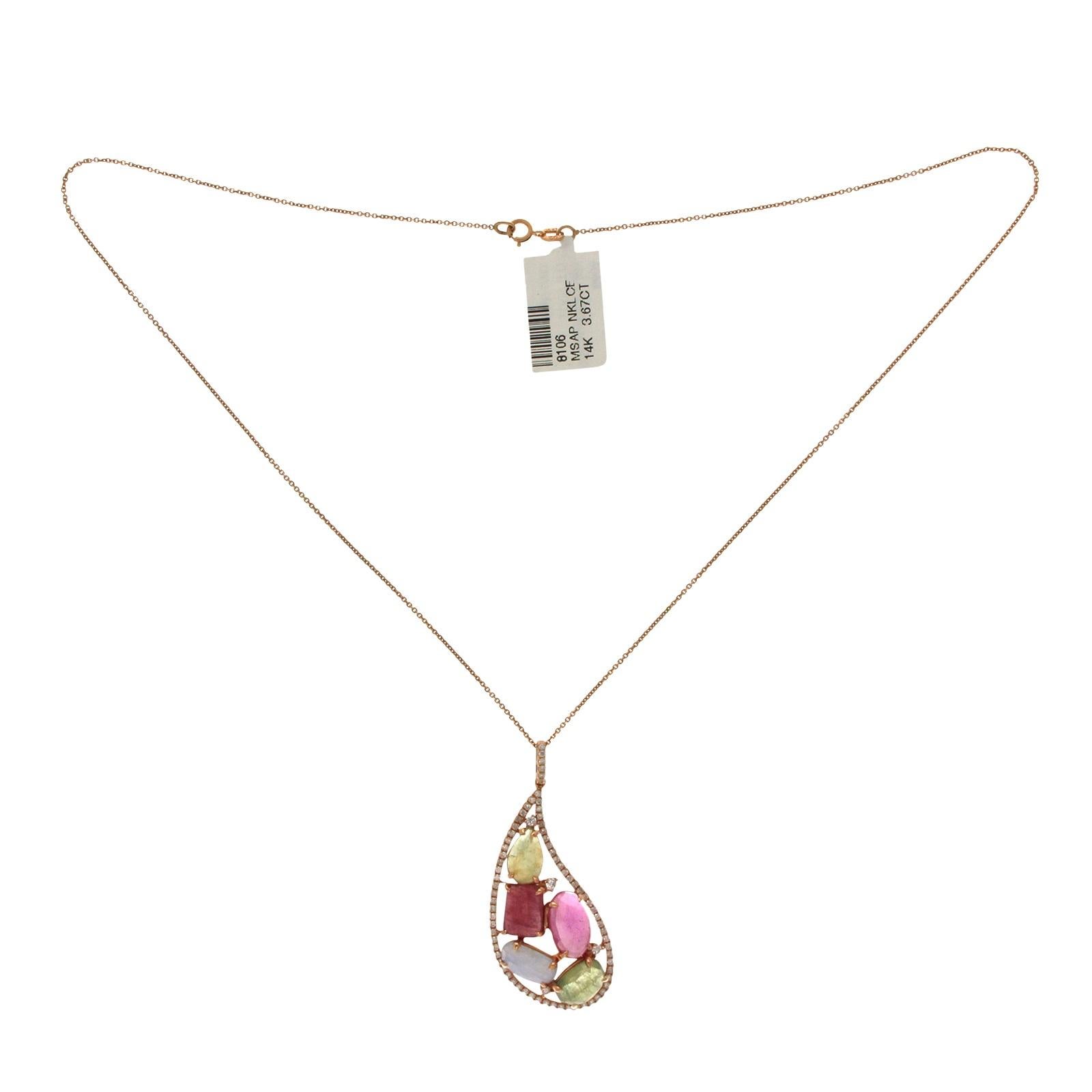 Women's or Men's Sliced 7.93 Carat Multi-Sapphire 0.55 Carat Diamonds 14 Karat Rose Gold Necklace For Sale