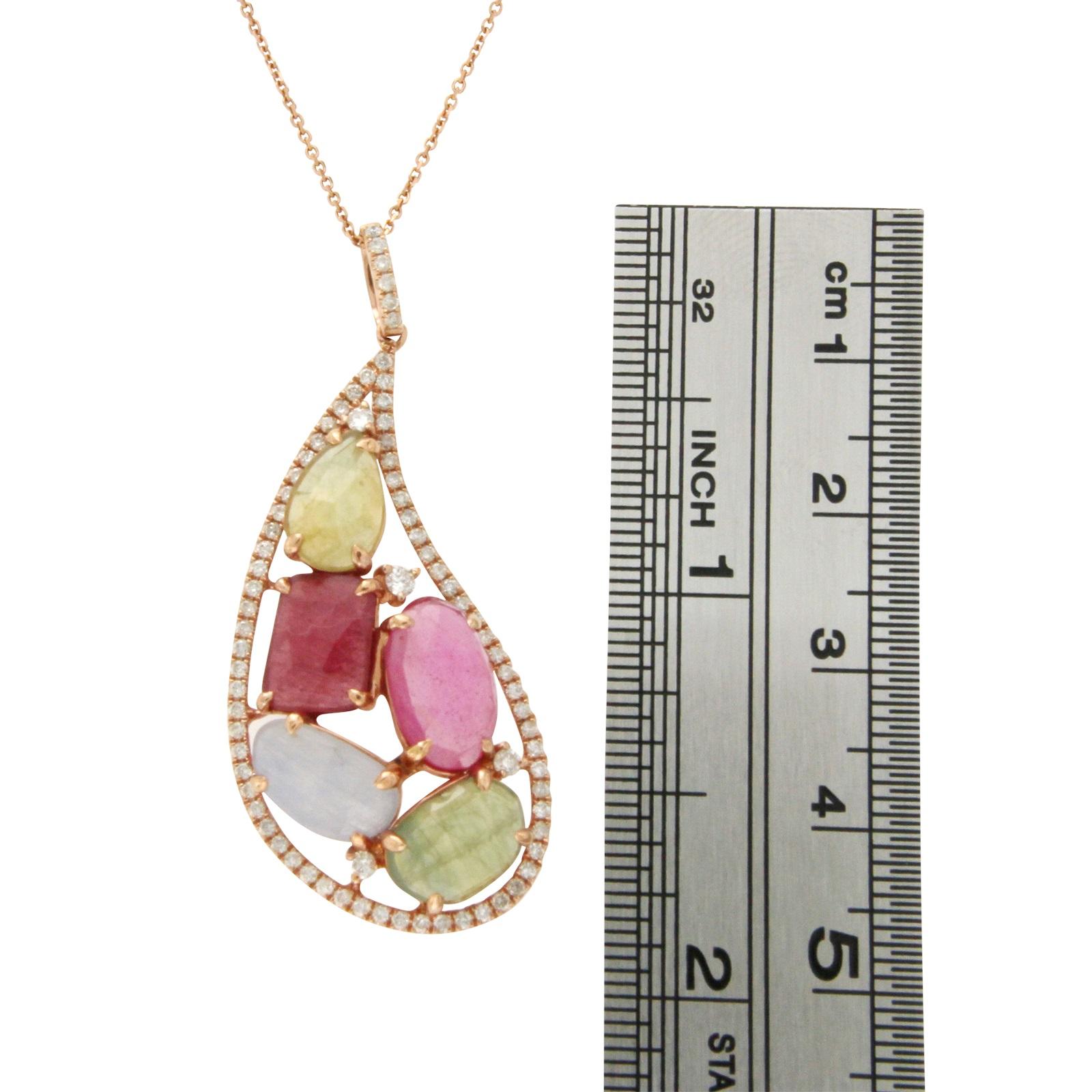 Sliced 7.93 Carat Multi-Sapphire 0.55 Carat Diamonds 14 Karat Rose Gold Necklace For Sale 2