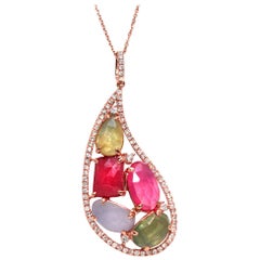 Sliced 7.93 Carat Multi-Sapphire 0.55 Carat Diamonds 14 Karat Rose Gold Necklace