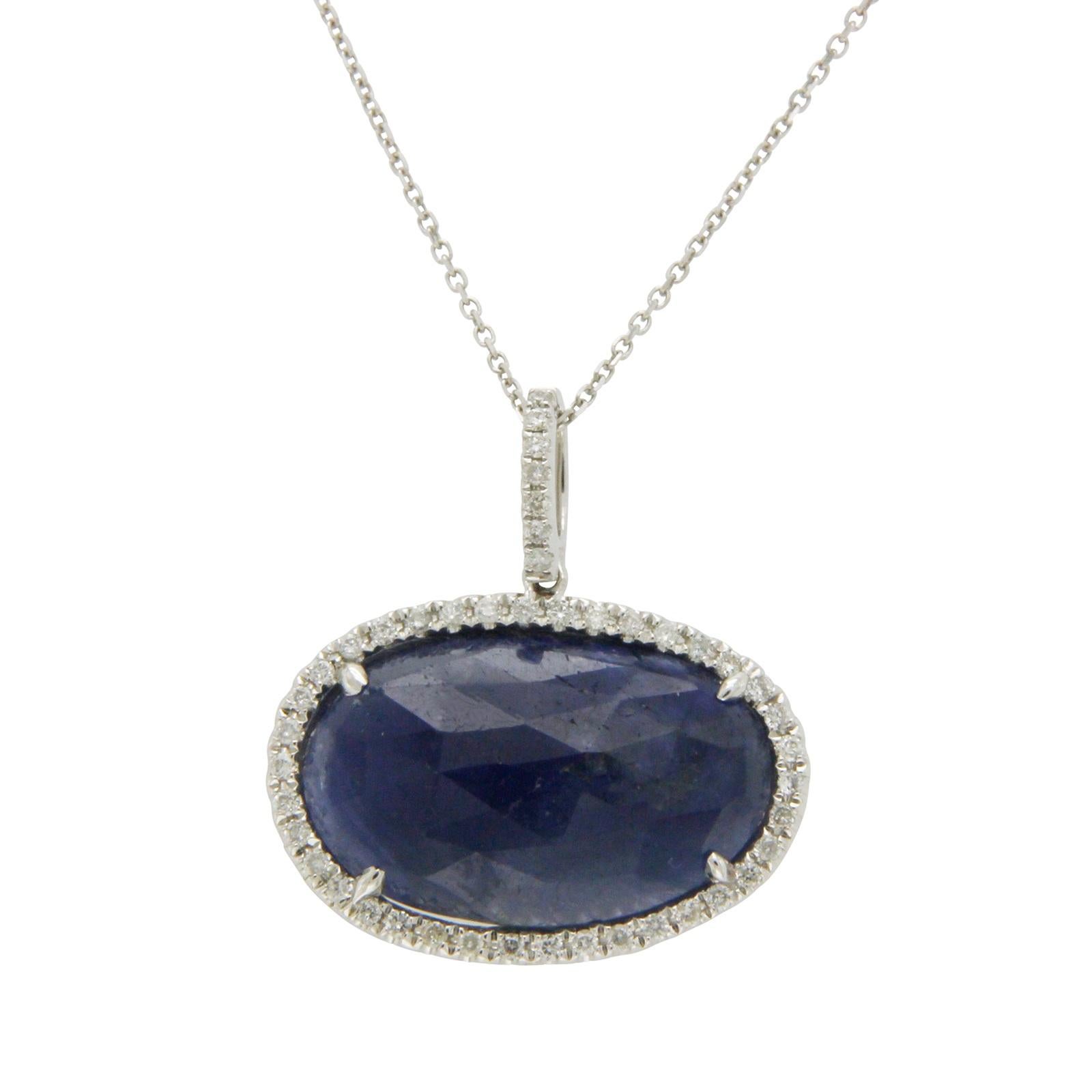 Sliced 8.69 Carat Blue Sapphire 0.24 Carat Diamonds 14 Karat White Gold Necklace