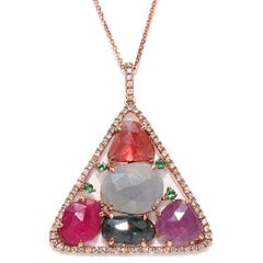Sliced 9.18 Ct Multi Sapphire 0.44 Ct Diamonds 14k Rose Gold Triangle Necklace