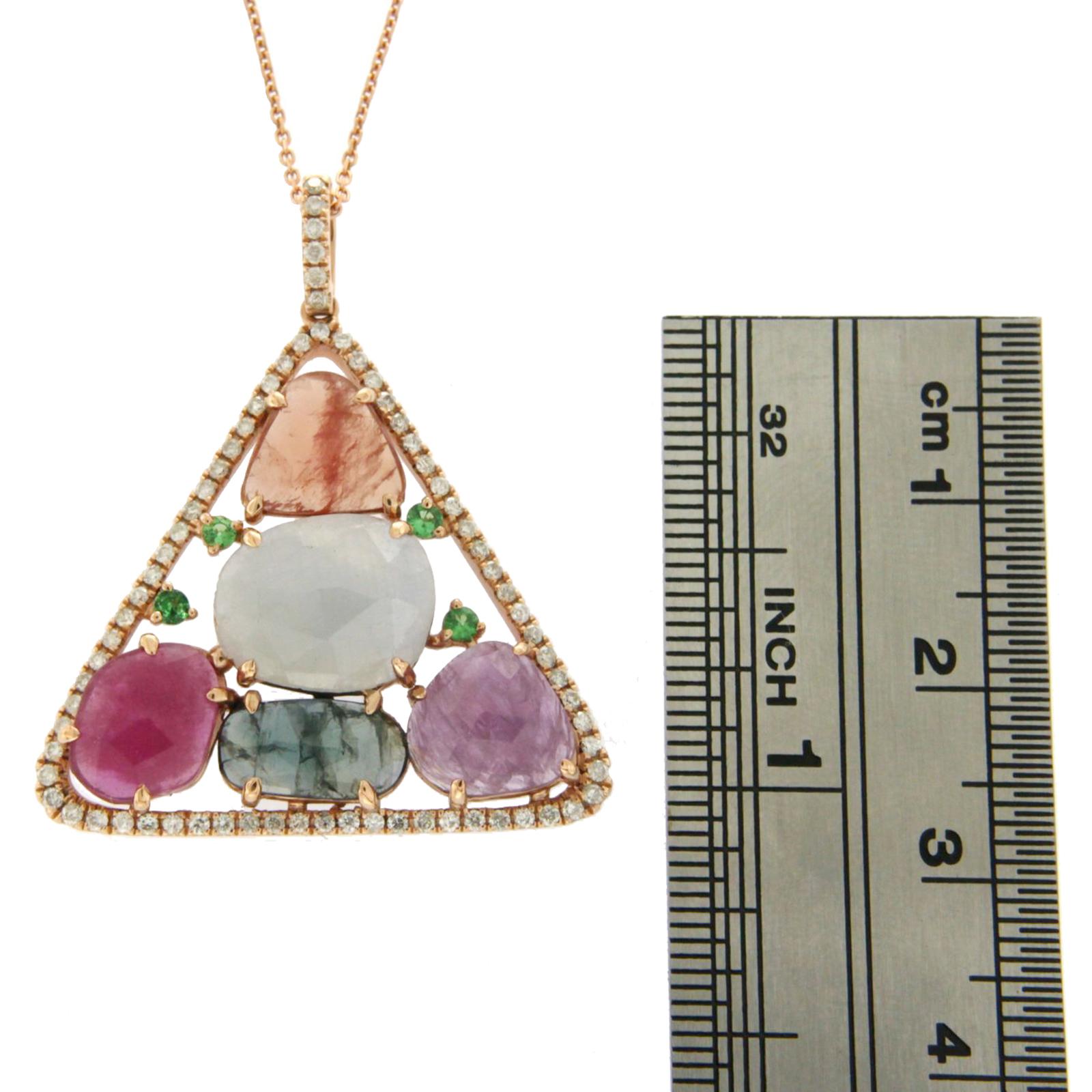 Sliced 9.18 Ct Multi Sapphire 0.44 Ct Diamonds 14k Rose Gold Triangle Necklace In New Condition For Sale In Los Angeles, CA