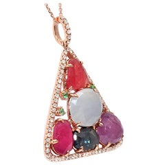 Sliced 9.18 Ct Multi Sapphire 0.44 Ct Diamonds 14k Rose Gold Triangle Necklace
