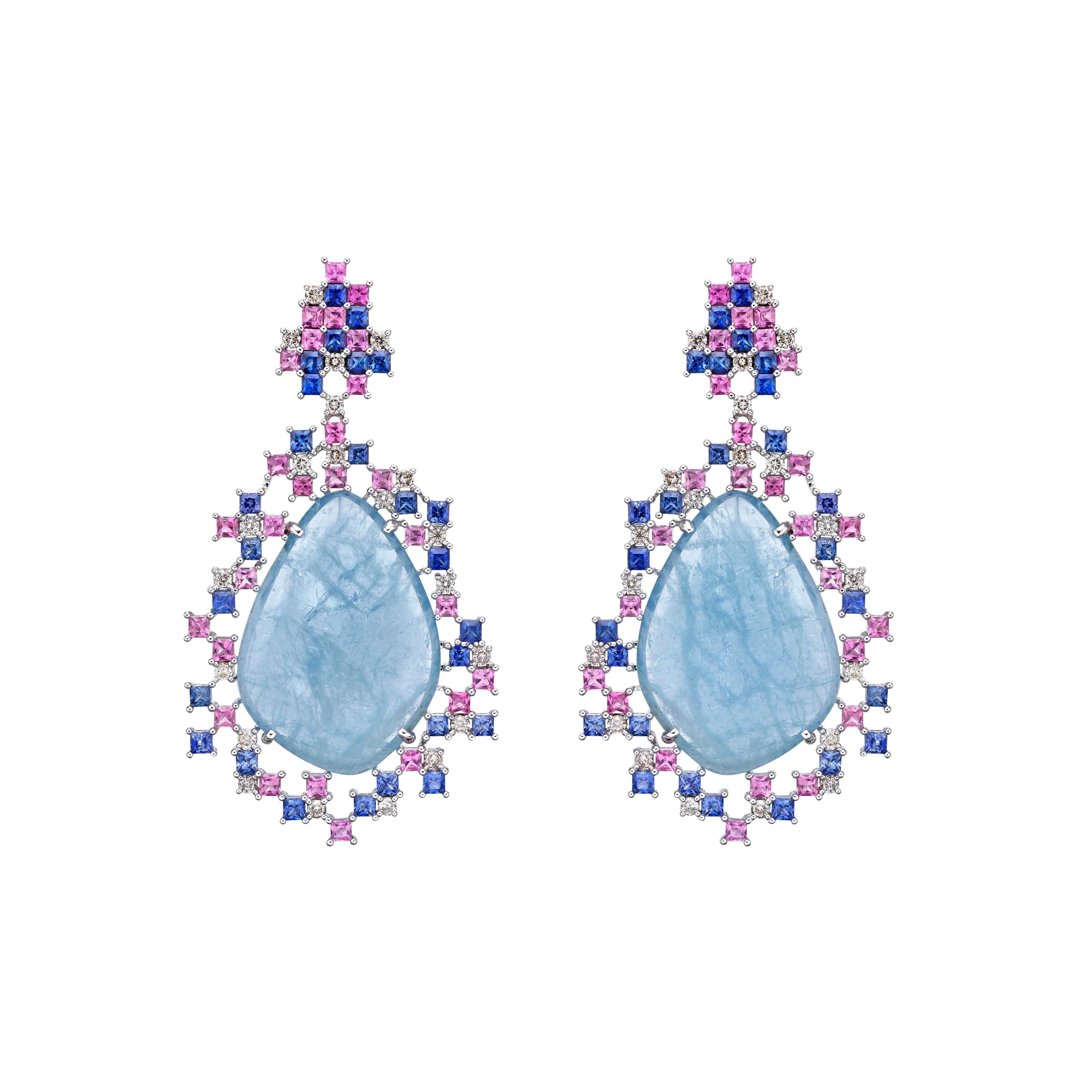 Cabochon Sliced Aquamarine Earrings with Gemstone & Diamond in 18 Karat White Gold For Sale