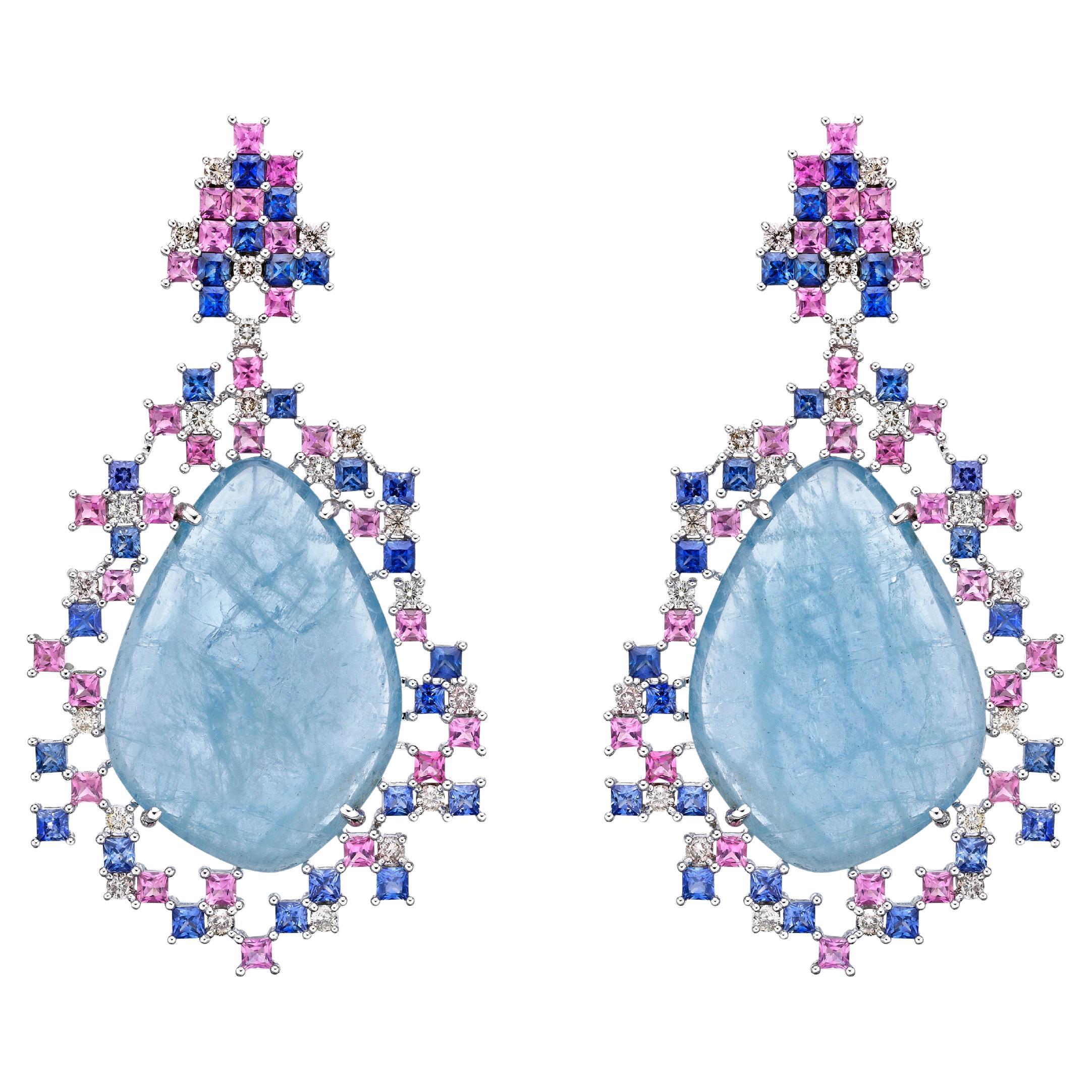 Sliced Aquamarine Earrings with Gemstone & Diamond in 18 Karat White Gold