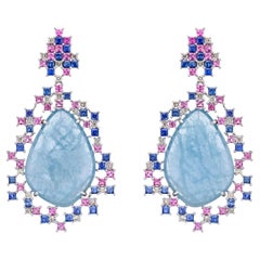 Sliced Aquamarine Earrings with Gemstone & Diamond in 18 Karat White Gold