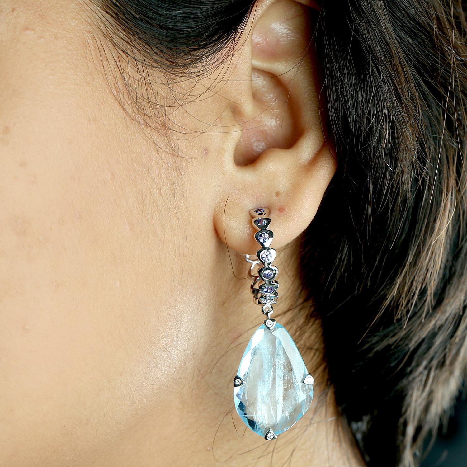 Modern Sliced Aquamarine with Tanzanite Hoop Earring