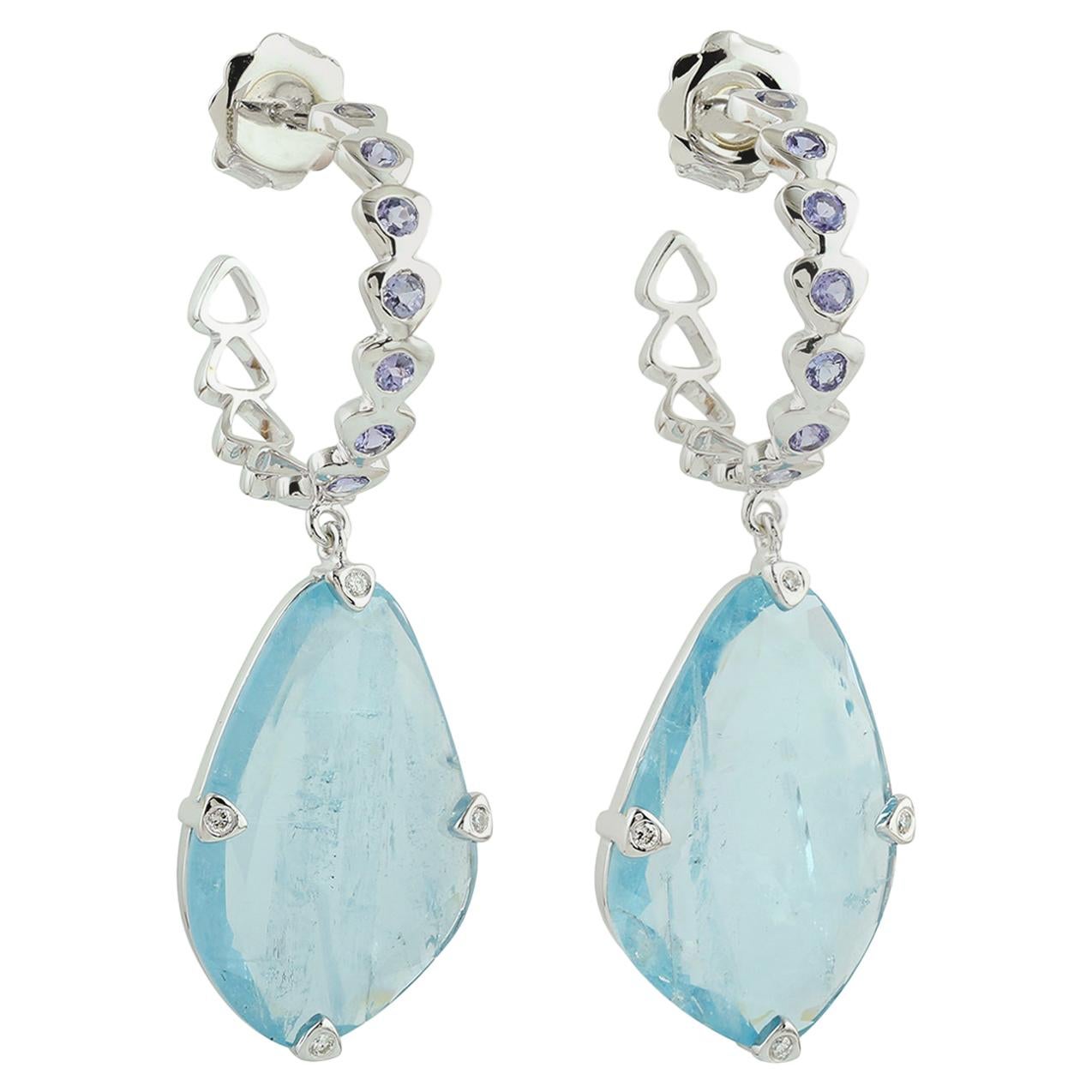 Sliced Aquamarine with Tanzanite Hoop Earring