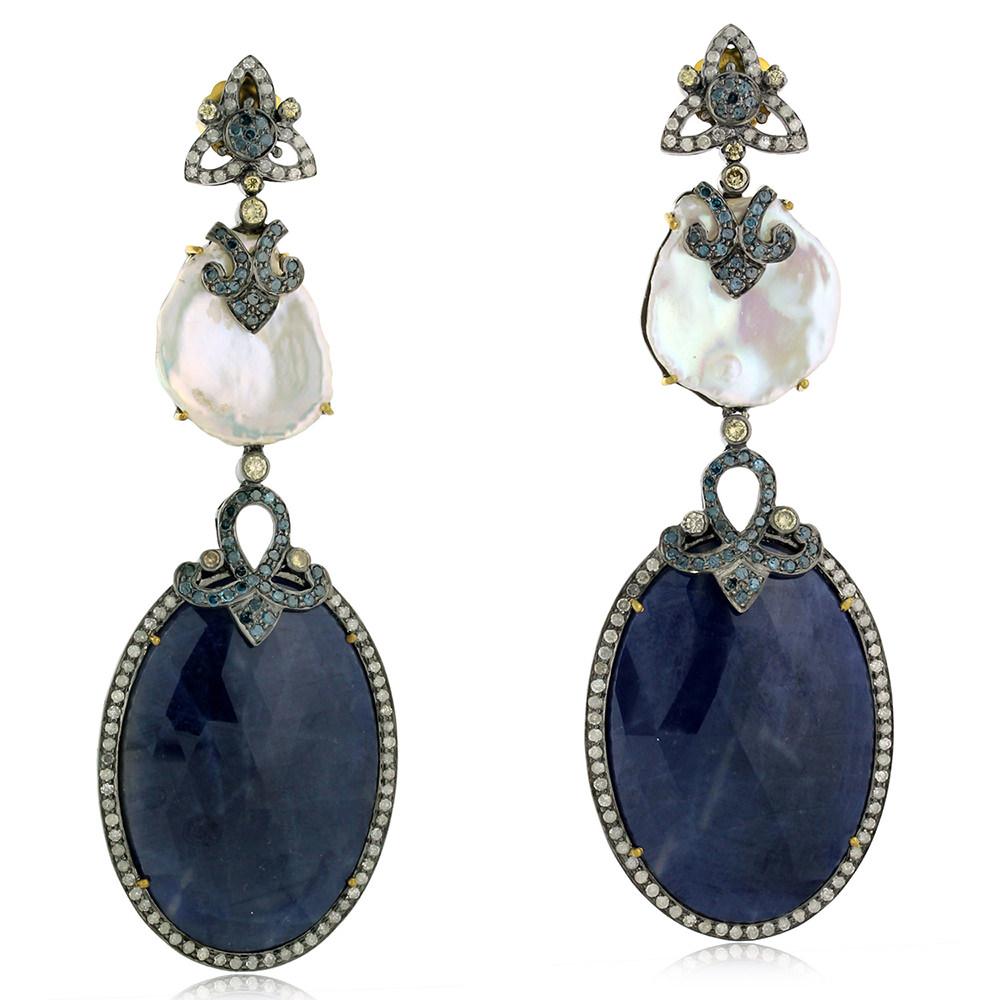 Mixed Cut Sliced Blue Sapphire & Pearl Earring With Diamonds In 18k Yellow Gold For Sale