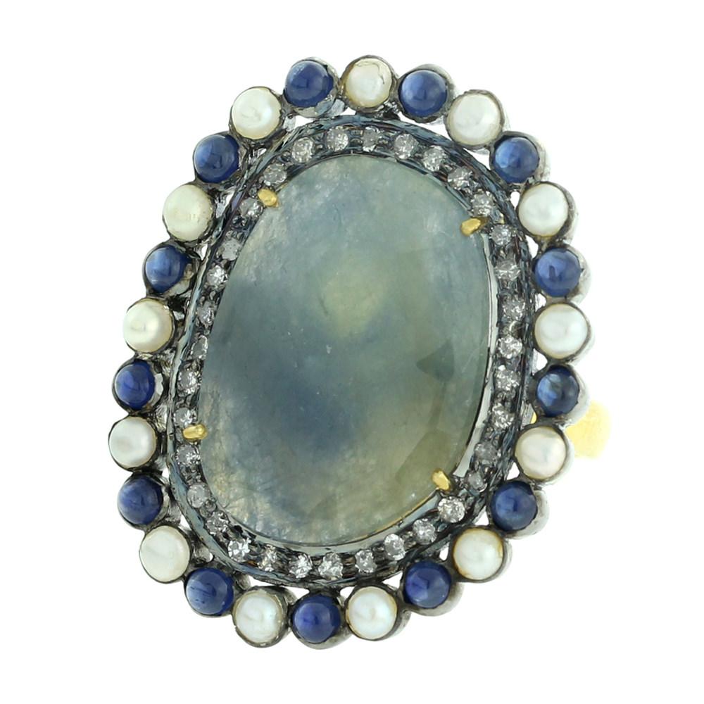 Artisan Sliced Blue Sapphire Ring with Diamonds and Pearls For Sale