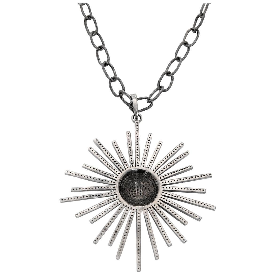 Sliced Diamond and Oxidized Sterling Silver Starburst Necklace - . Starburst Necklace measures apx. 17-inches in length with apx. 2 inch pendant drop. Total weight is 43.7 grams.