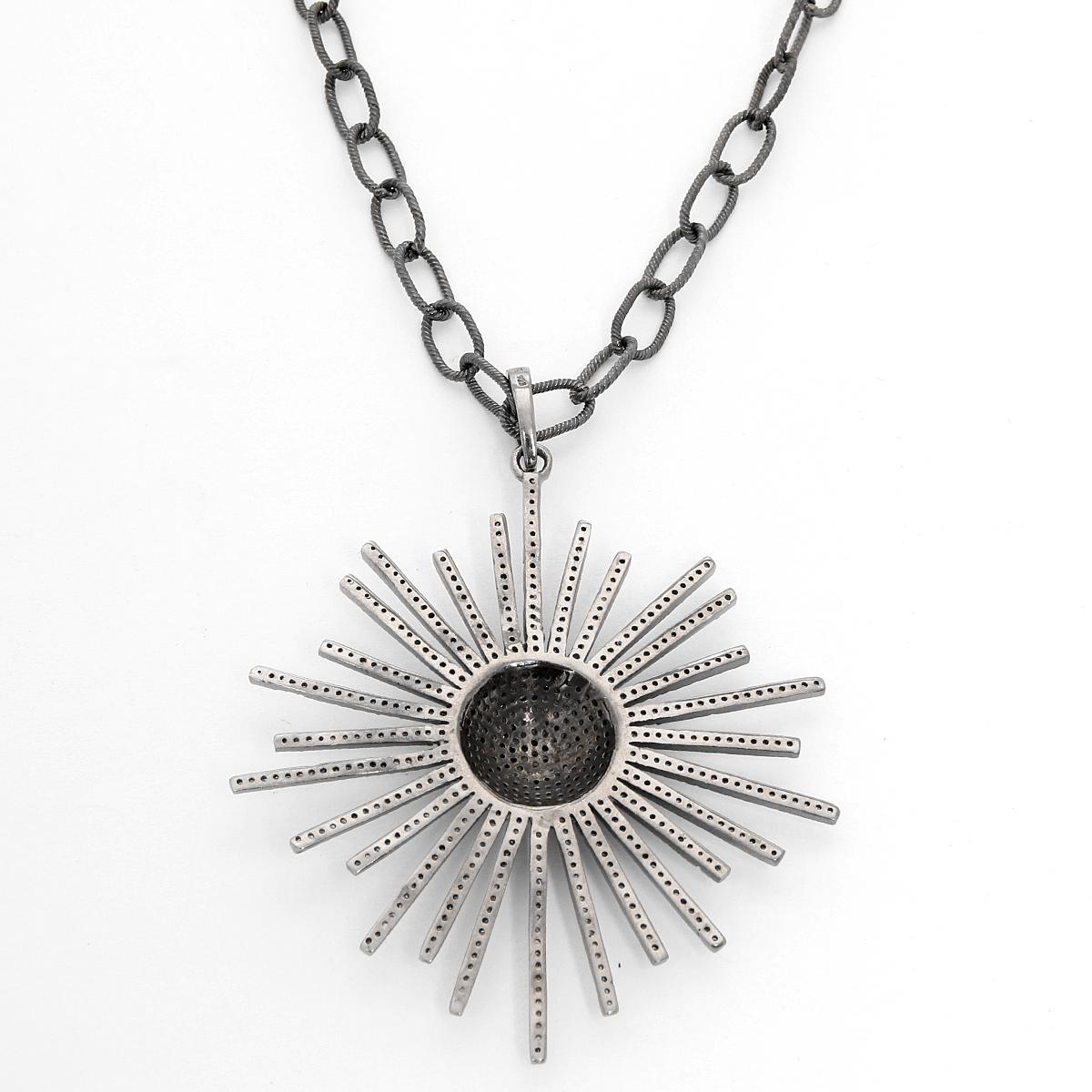Sliced Diamond and Oxidized Sterling Silver Starburst Necklace 1