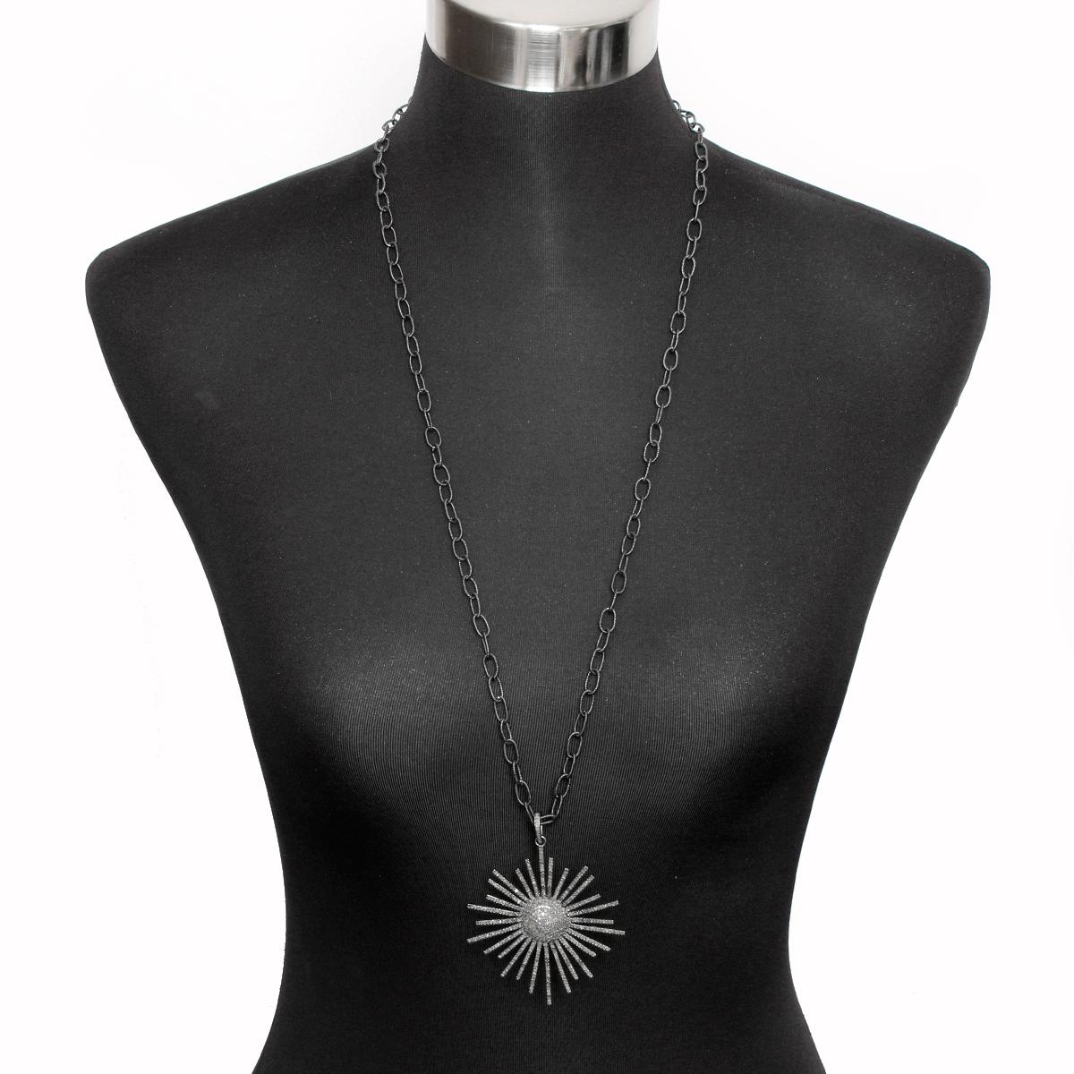 Sliced Diamond and Oxidized Sterling Silver Starburst Necklace 2